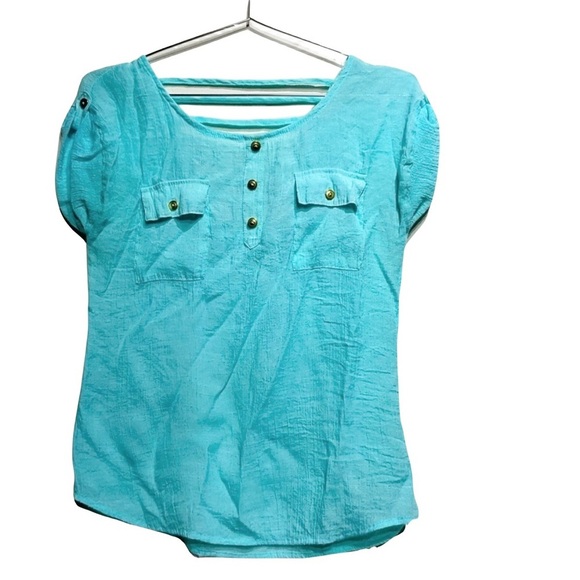 Pearl Tops - Pearl Size S Lightweight Shirt Blouse Teal Color Back String Design